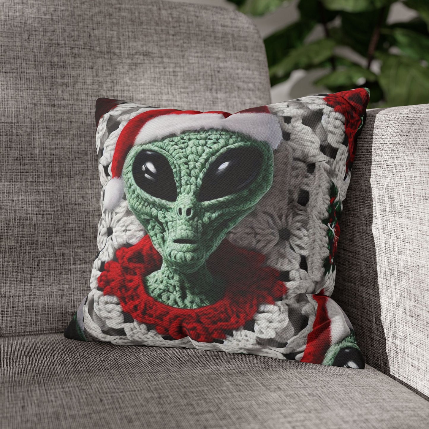 Santa's Cosmic Secret: Jolly Green Christmas Extraterrestrial with Festive Attire Crochet Art - Spun Polyester Square Pillow Case