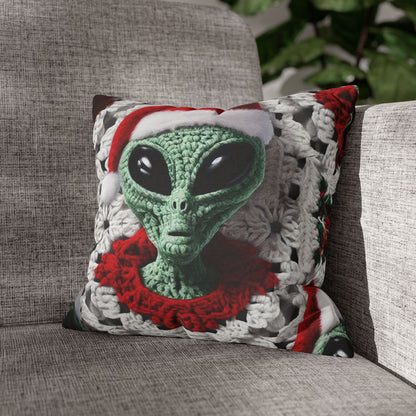 Santa's Cosmic Secret: Jolly Green Christmas Extraterrestrial with Festive Attire Crochet Art - Spun Polyester Square Pillow Case