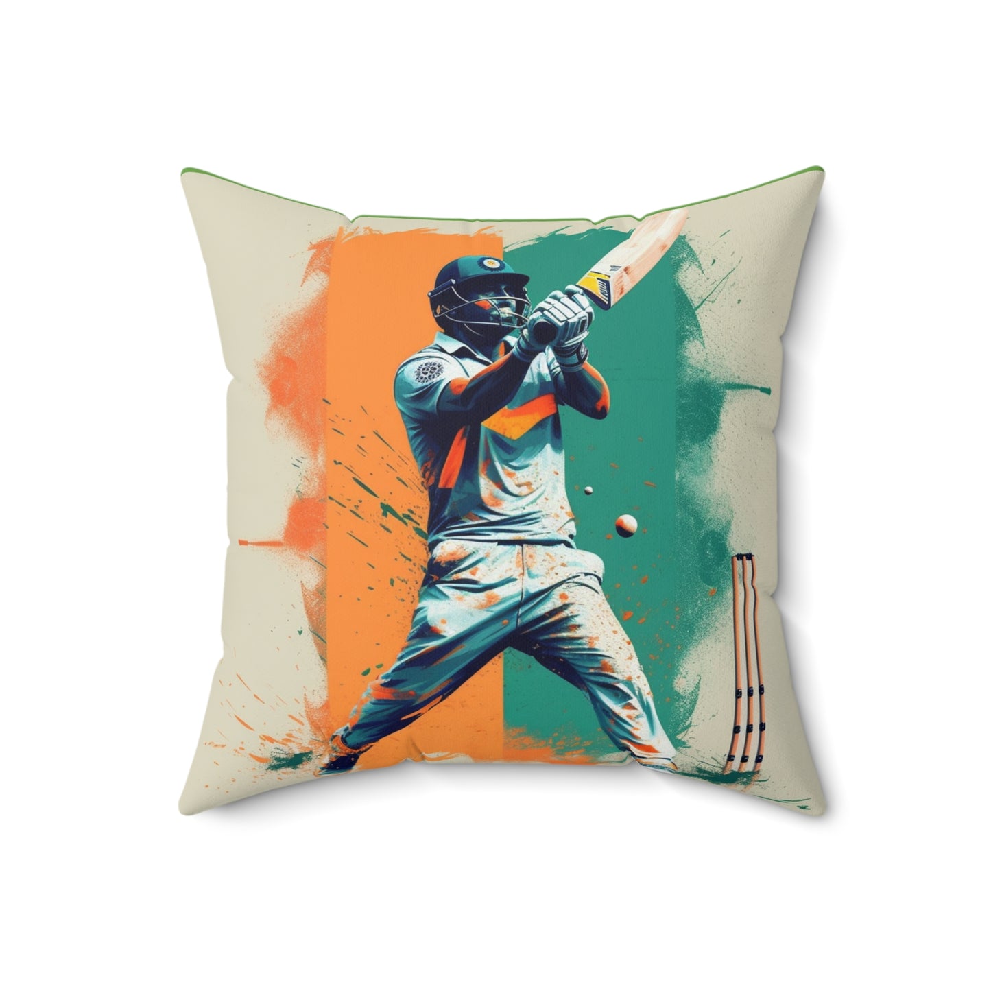 Cricket Batsman, Ball Strike, Indian Flag Color Background - Street Style - Spun Polyester Square Pillow