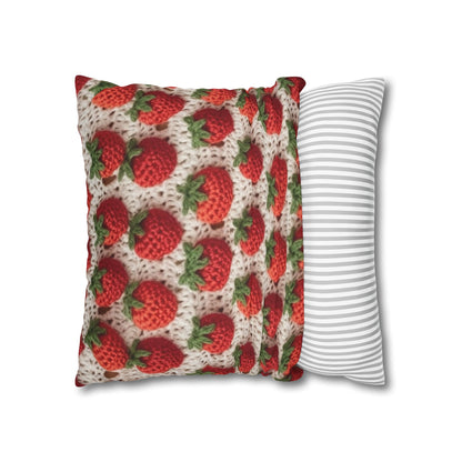 Strawberry Traditional Japanese, Crochet Craft, Fruit Design, Red Berry Pattern - Spun Polyester Square Pillow Case