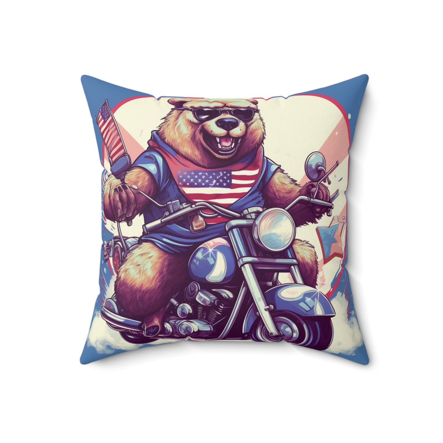 Roaring American Pride: Patriotic Bear 4th of July Motorcycle Adventure Spun Polyester Square Pillow