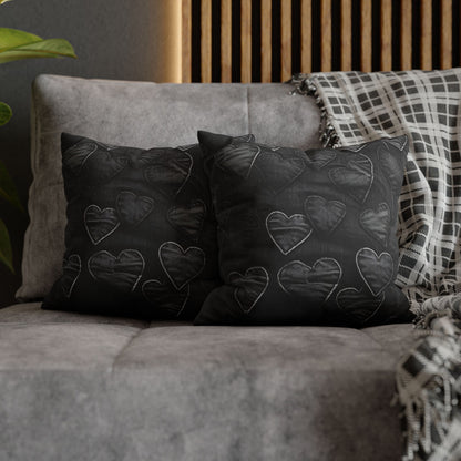 Black: Distressed Denim-Inspired Fabric Heart Embroidery Design - Spun Polyester Square Pillow Case