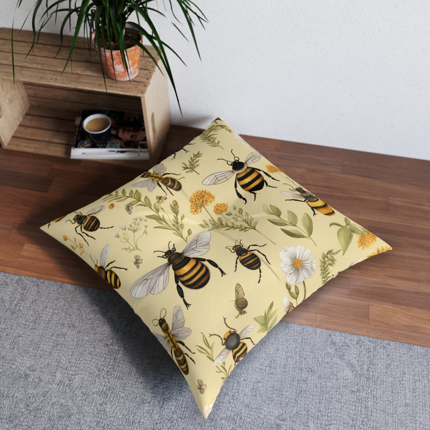 Whimsical Bees & Honeycombs Nature-Friendly Pattern Design Tufted Floor Pillow, Square