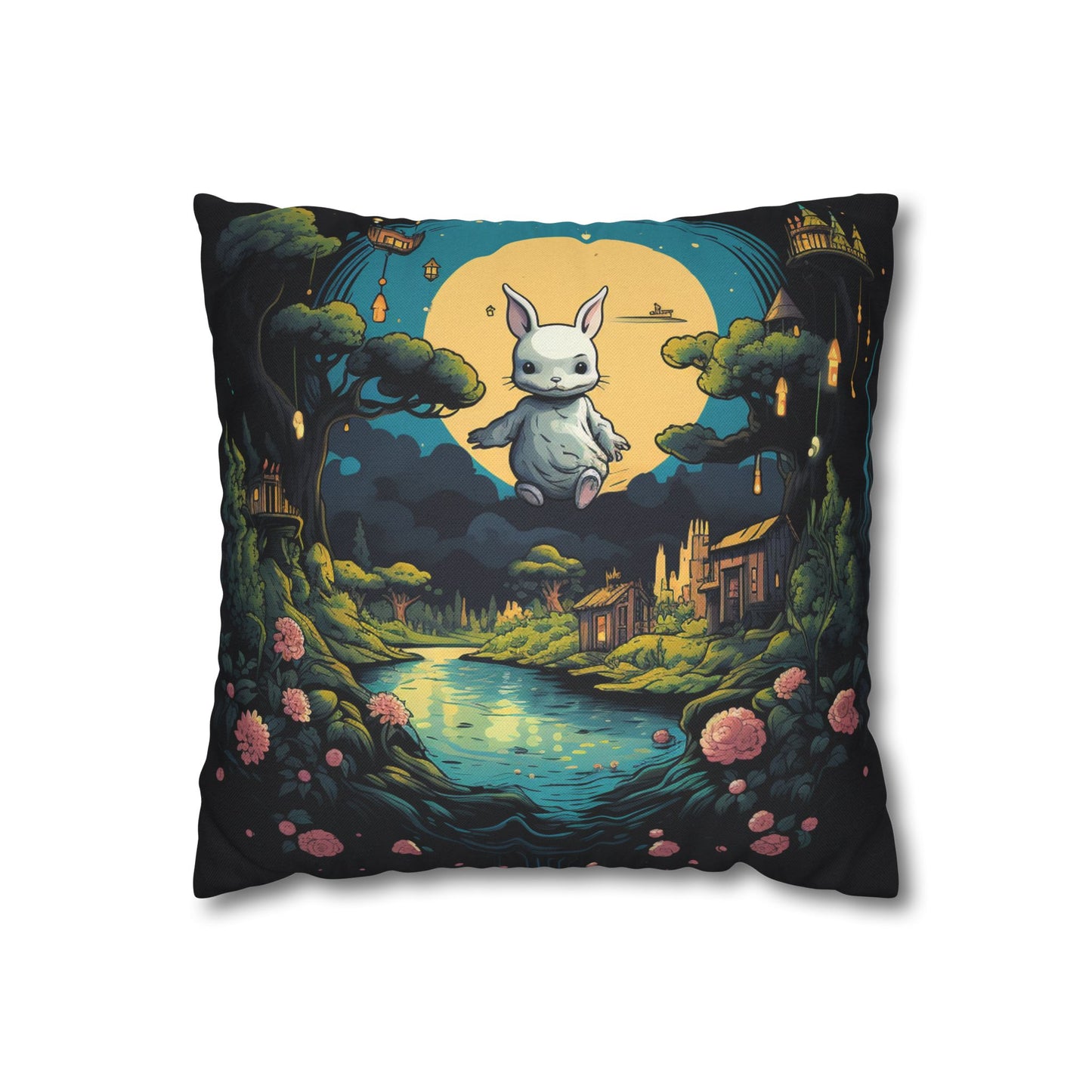 White Rabbit Mystery Psychedelic Fantasy Anime Cartoon Bunny - Spun Polyester Square Pillow Case