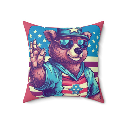 American Bear USA Flag Patriotic 4th of July Style Spun Polyester Square Pillow