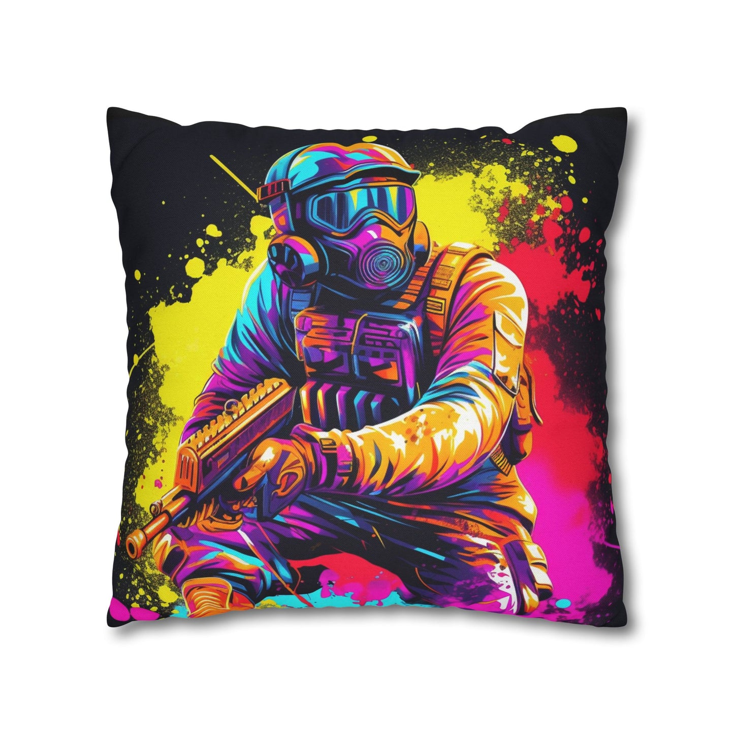 Paintball Action Sport: Player in Battle, Paint Splatter - Spun Polyester Square Pillow Case