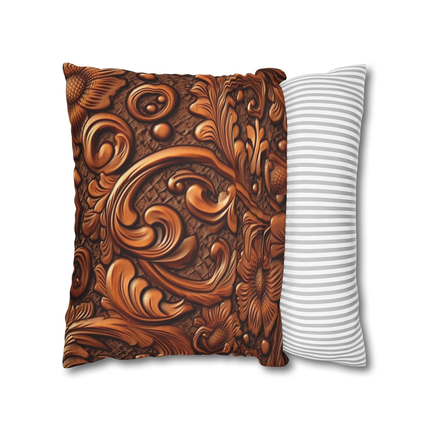 Leather Flower Cognac Classic Brown Timeless American Cowboy Design - Spun Polyester Square Pillow Case