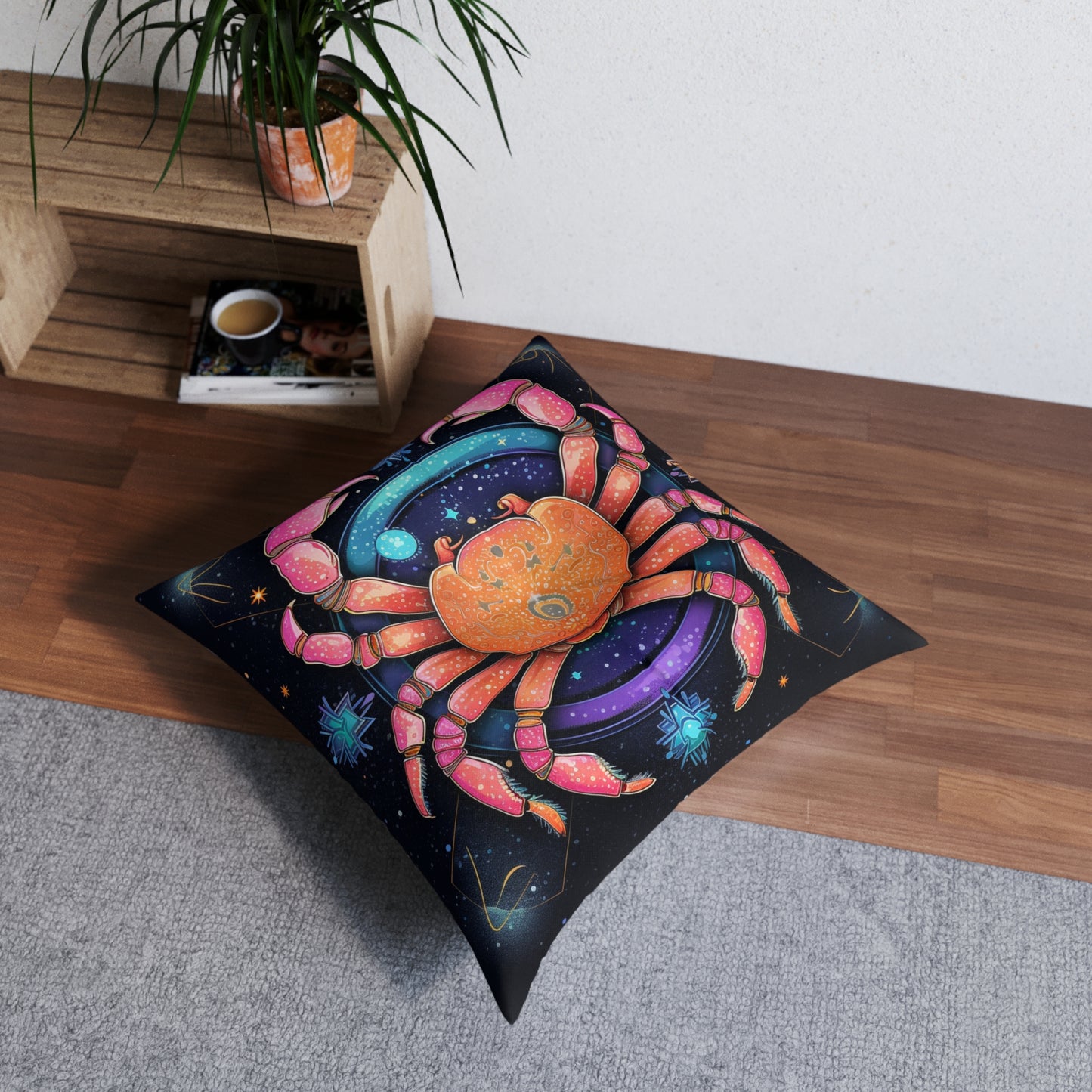 Rainbow Celestial Crab - Vibrant Cancer Zodiac Sign Art - Tufted Floor Pillow, Square