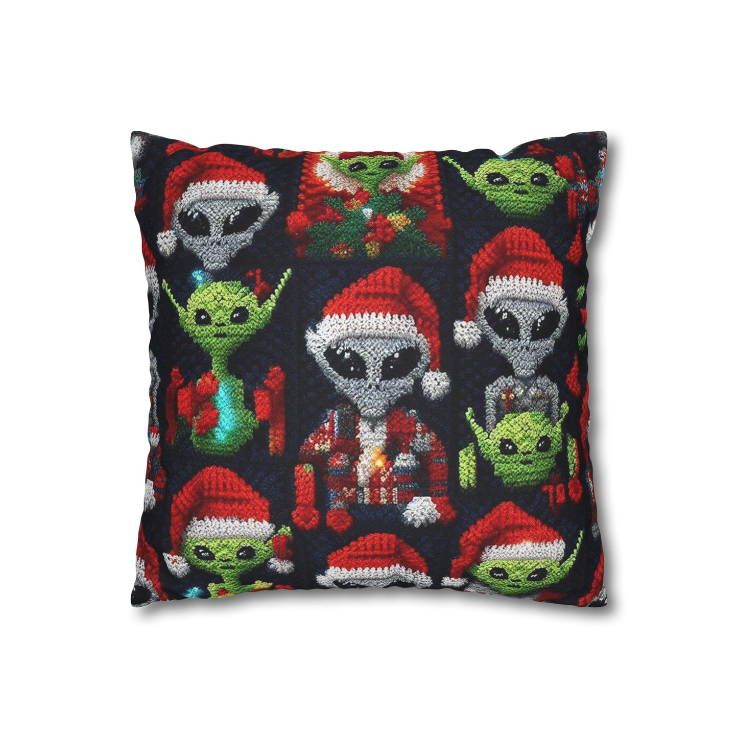 Festive Alien Invasion: Intergalactic Christmas Holiday Cheer with Santa Hats and Seasonal Gifts Crochet Pattern - Spun Polyester Square Pillow Case