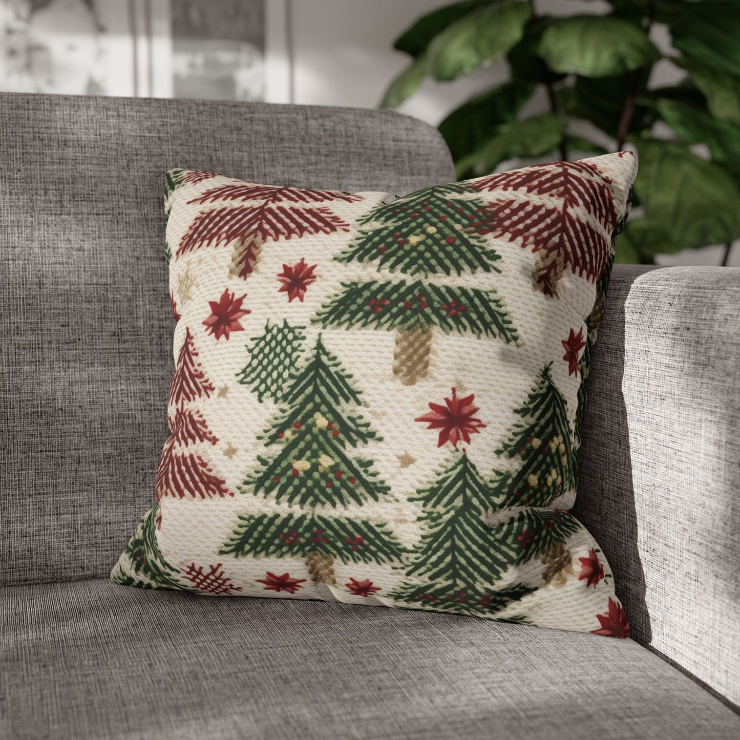 Embroidered Christmas Winter, Festive Holiday Stitching, Classic Seasonal Design - Spun Polyester Square Pillow Case