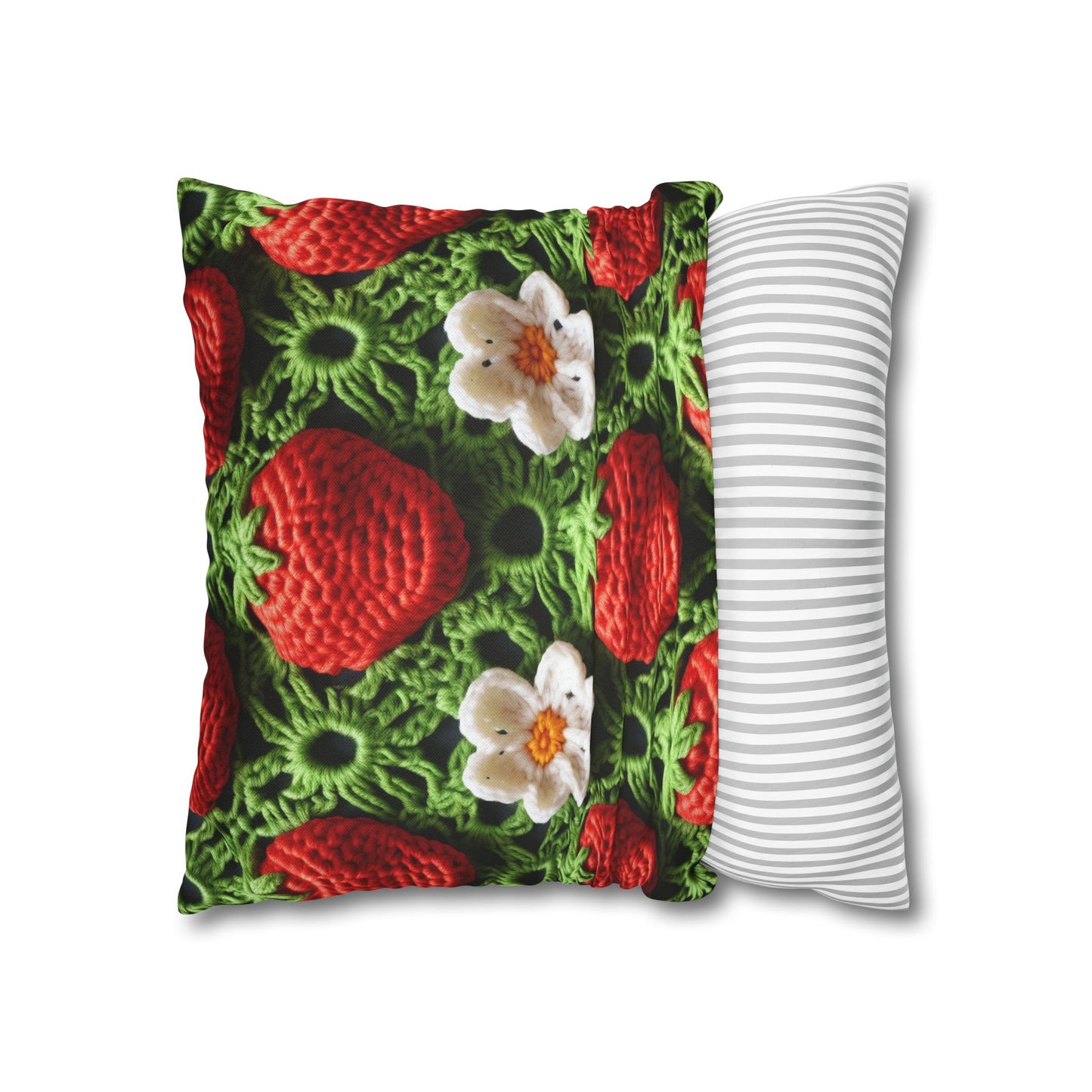 Strawberry Field Crochet - Forever Forest Greens - Fruit Berry Harvest Crop - Spun Polyester Square Pillow Case