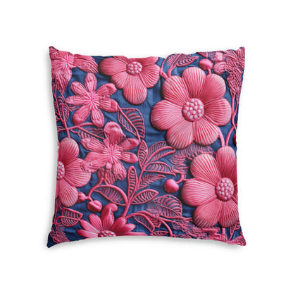 Denim Blue Doll Pink Floral Embroidery Style Fabric Flowers - Tufted Floor Pillow, Square