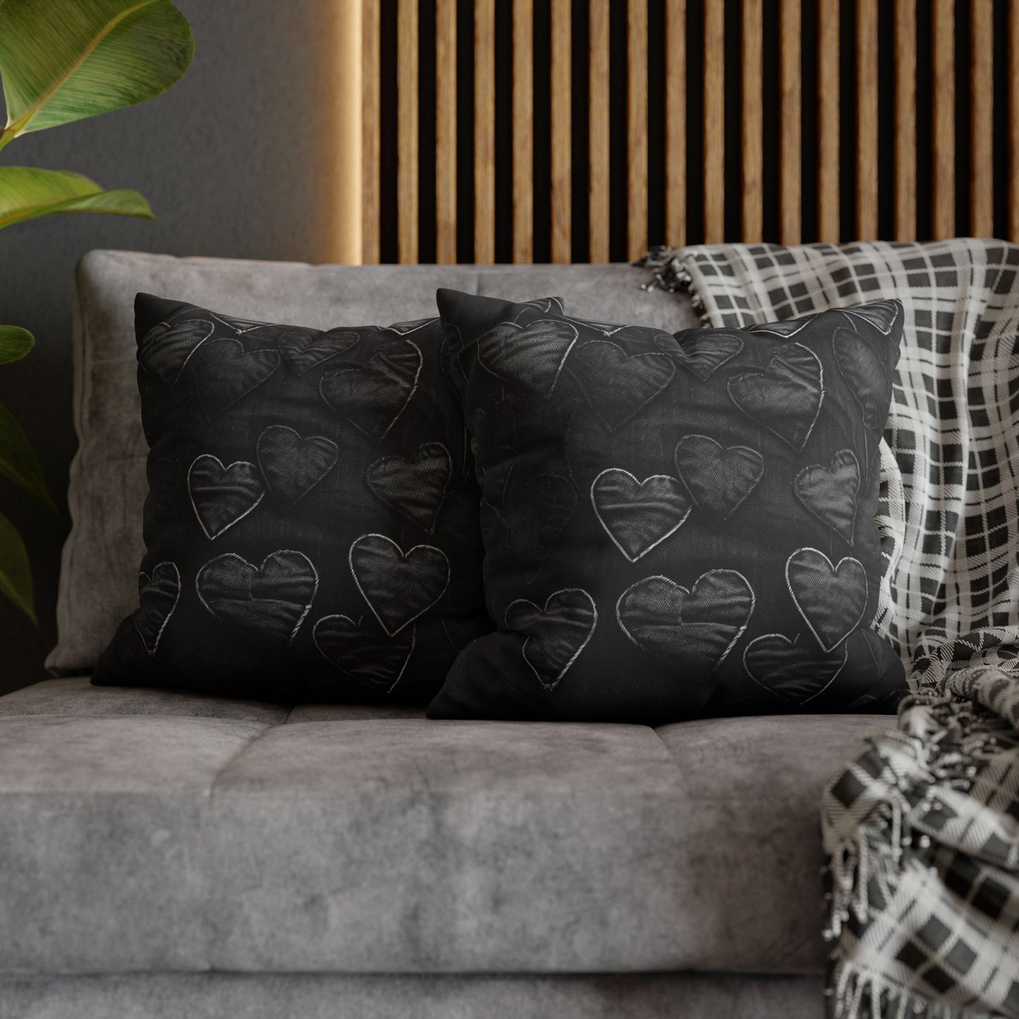 Black: Distressed Denim-Inspired Fabric Heart Embroidery Design - Spun Polyester Square Pillow Case