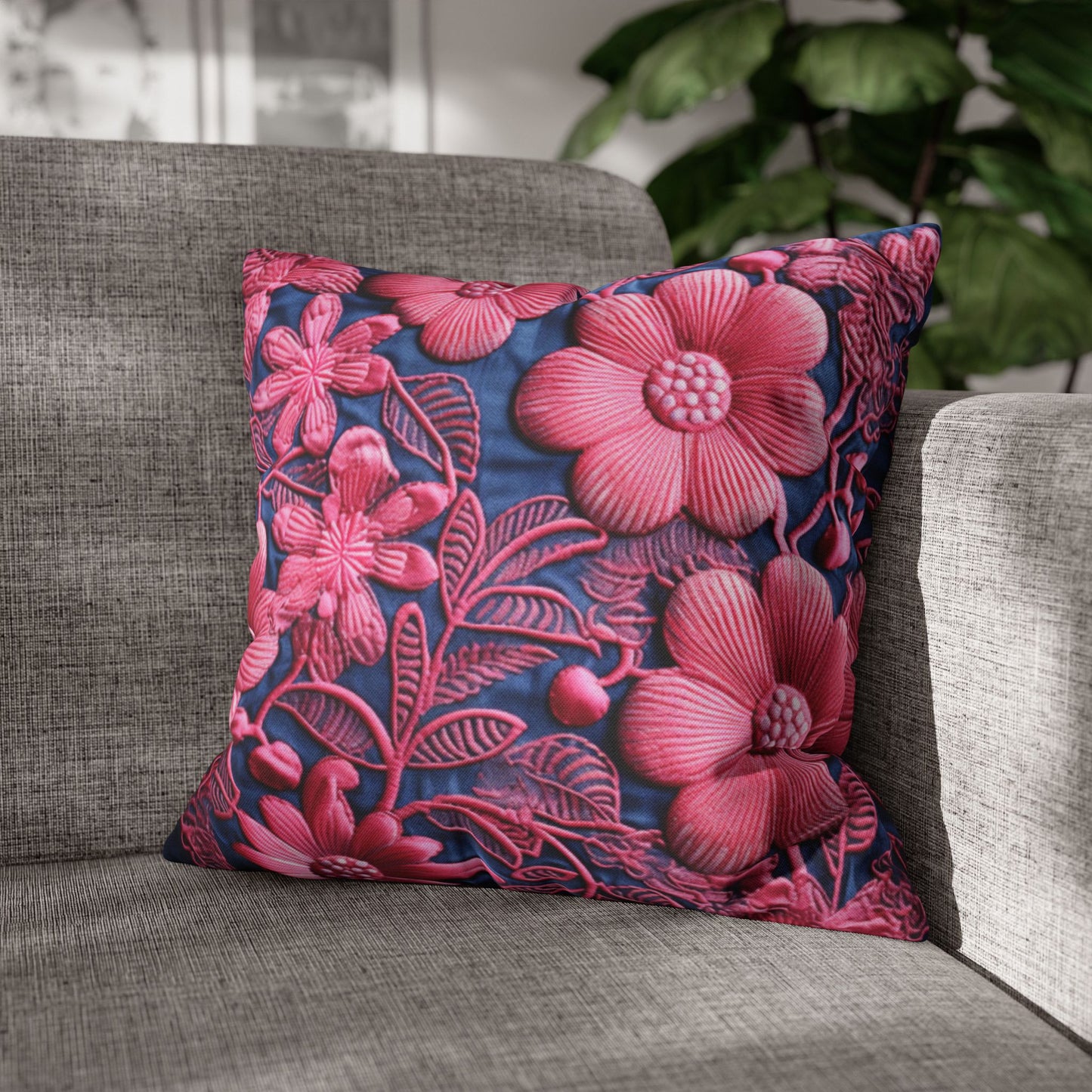 Denim Blue Doll Pink Floral Embroidery Style Fabric Flowers - Spun Polyester Square Pillow Case