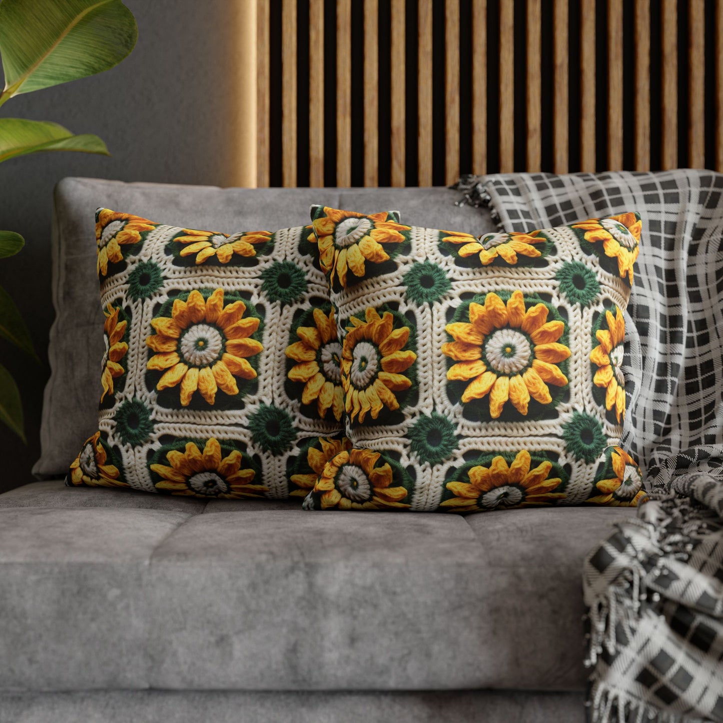 Sunflower Crochet Elegance, Granny Square Design, Radiant Floral Motif. Bring the Warmth of Sunflowers to Your Space - Spun Polyester Square Pillow Case