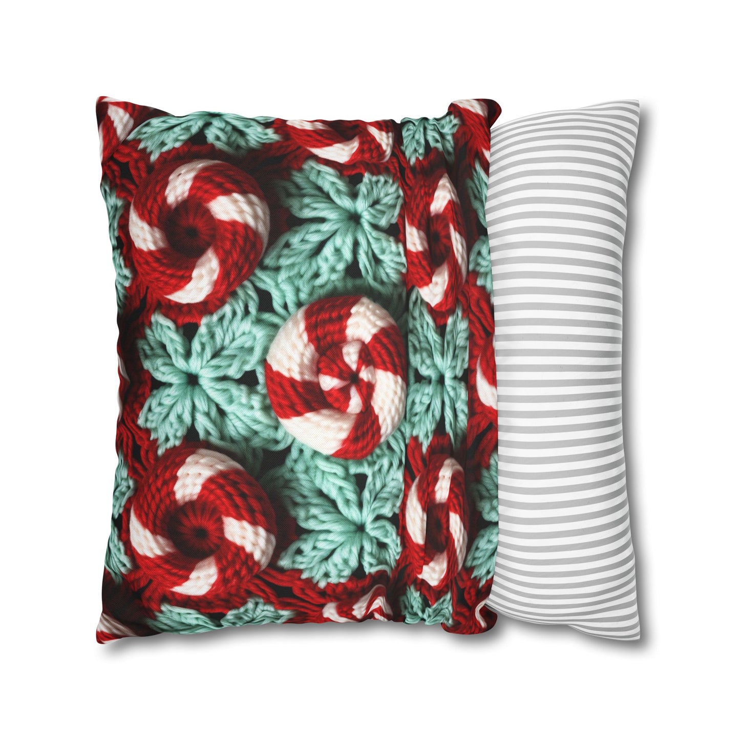 Christmas Crochet Candy Cane - Pepper Red Crystal White Holiday Pattern - Spun Polyester Square Pillow Case