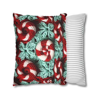 Christmas Crochet Candy Cane - Pepper Red Crystal White Holiday Pattern - Spun Polyester Square Pillow Case