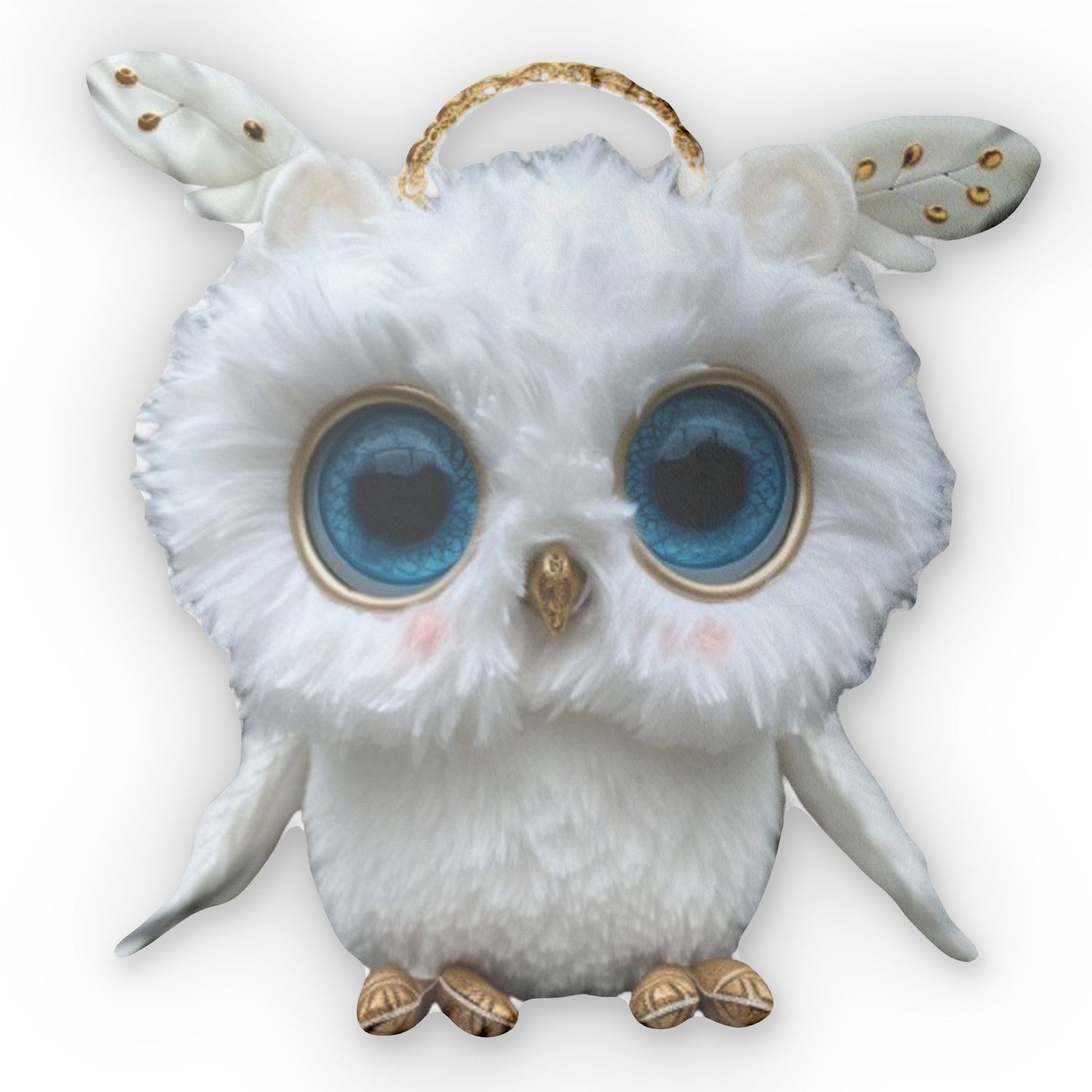 Cute Plush White Owl With Blue Eyes And Gold Halo, Shaped Pillow