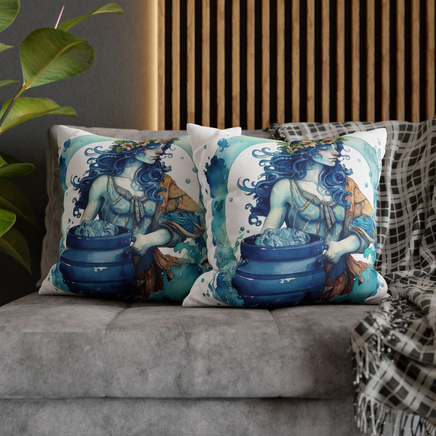 Artistic Aquarius Zodiac - Watercolor Water-Bearer Depiction - Spun Polyester Square Pillow Case