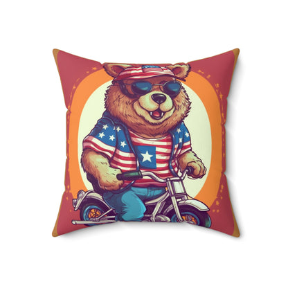 Biking with American Pride: Celebrate 4th of July with the Patriotic Bear's Ride Spun Polyester Square Pillow