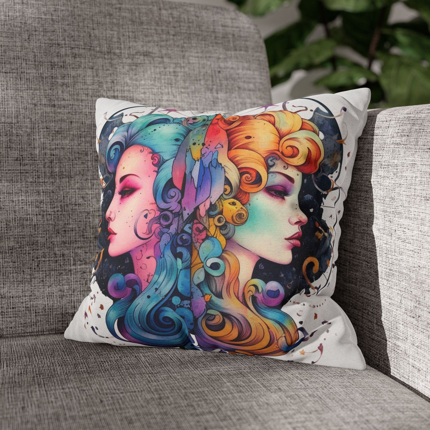 Graffiti Gemini Zodiac Sign - Astrology, Twins Symbol - Spun Polyester Square Pillow Case