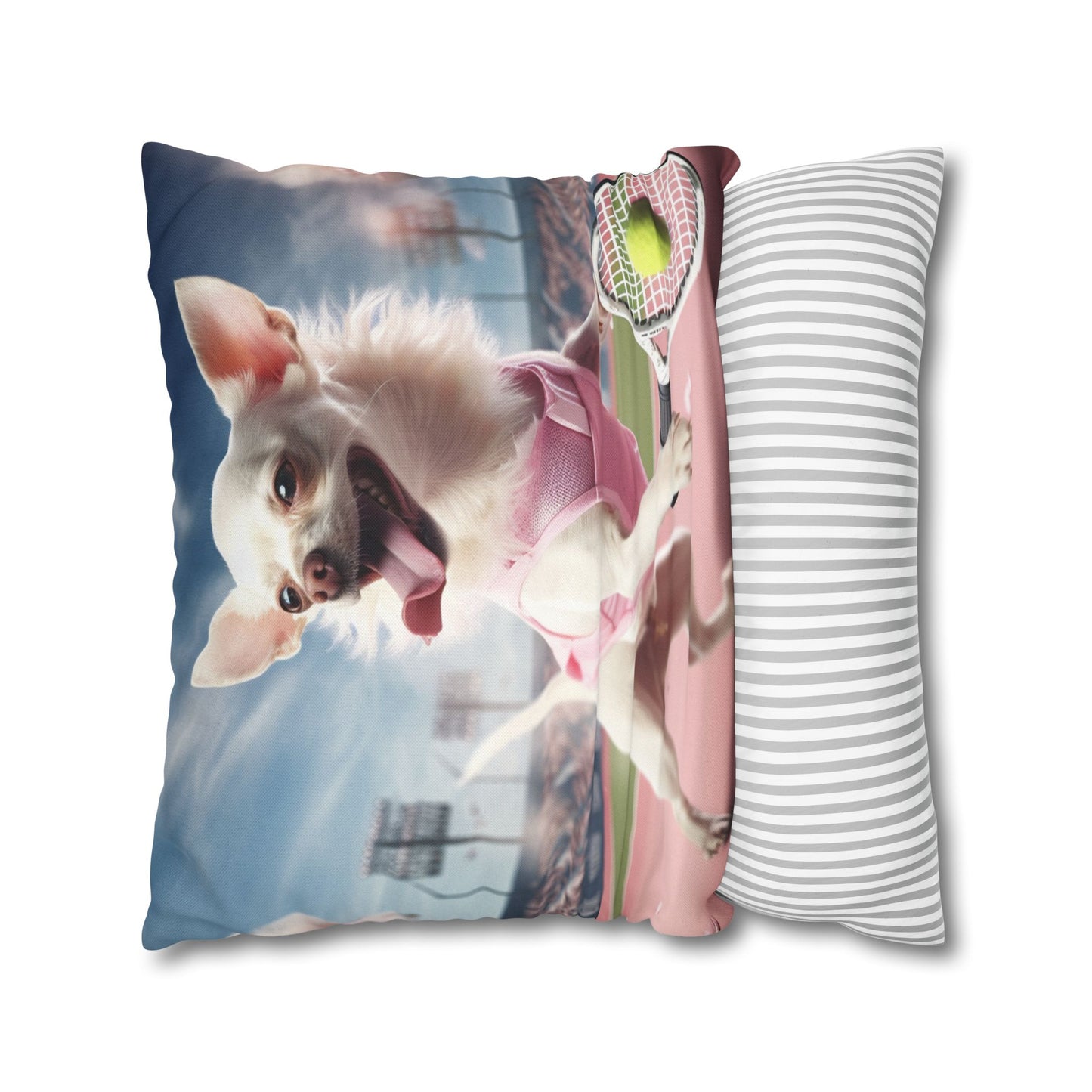 Chihuahua Tennis Ace: Dog Pink Outfit, Court Atheletic Sport Game - Spun Polyester Square Pillow Case