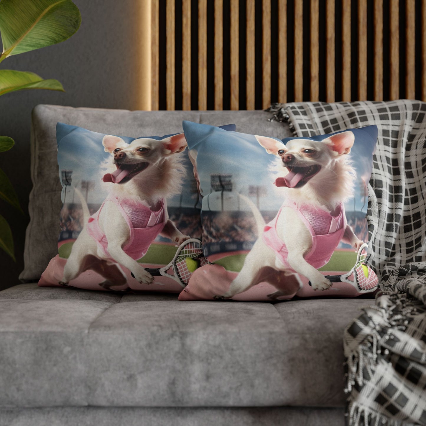 Chihuahua Tennis Ace: Dog Pink Outfit, Court Atheletic Sport Game - Spun Polyester Square Pillow Case