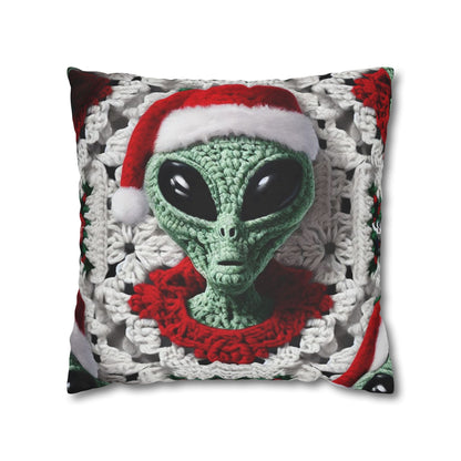 Santa's Cosmic Secret: Jolly Green Christmas Extraterrestrial with Festive Attire Crochet Art - Spun Polyester Square Pillow Case