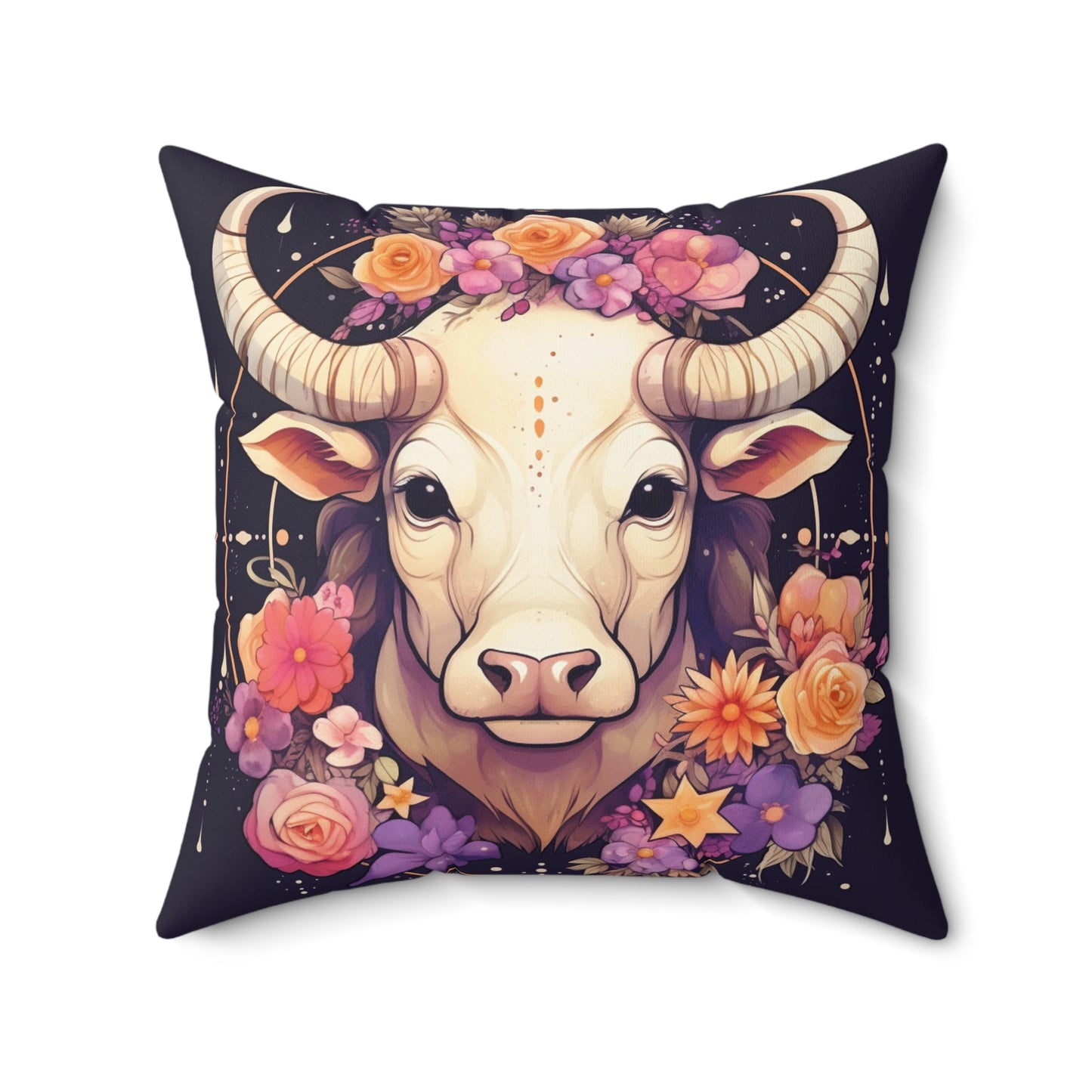 Taurus Zodiac Bull Flower Accents - Astrology Sign - Spun Polyester Square Pillow