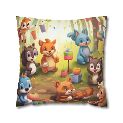 Nursery Art - Cartoon Forest Animals Party Design Spun Polyester Square Pillow Case