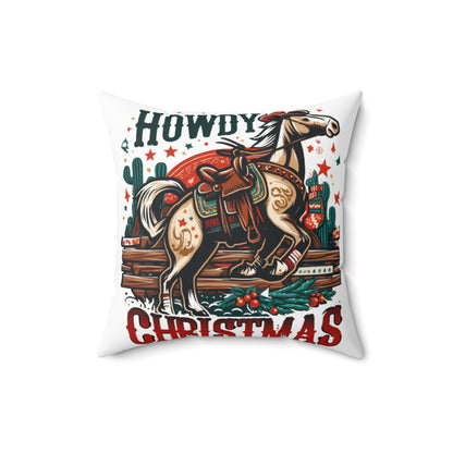 Desert Holiday Charm - Western Howdy Christmas with Festive Cactus and Galloping Horse - Spun Polyester Square Pillow