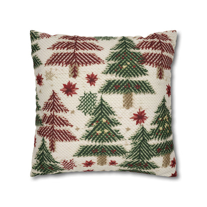 Embroidered Christmas Winter, Festive Holiday Stitching, Classic Seasonal Design - Spun Polyester Square Pillow Case