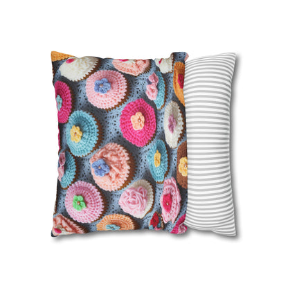 Crochet Cupcake Treat Frosted Cake Dessert Bakery Design - Spun Polyester Square Pillow Case