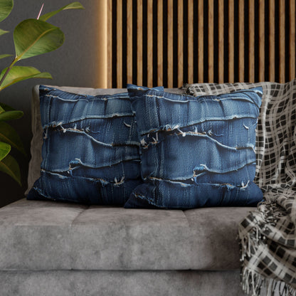 Midnight Blue Distressed Denim: Rugged, Torn & Stylish Design - Spun Polyester Square Pillow Case