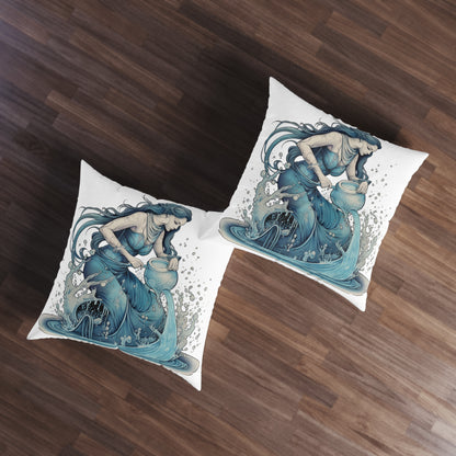 Aquarius Zodiac Symbol - Girl Pouring Water, Hand-Drawn Style - Tufted Floor Pillow, Square