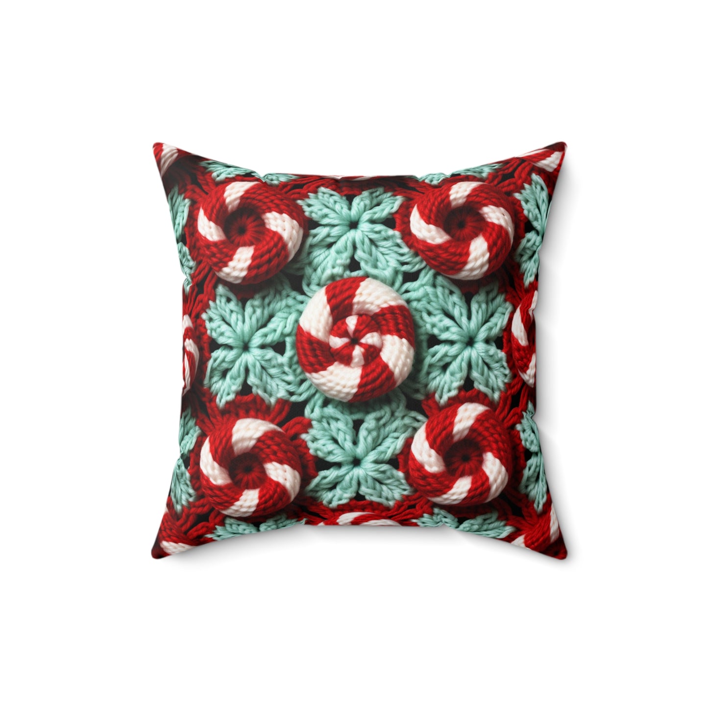 Christmas Crochet Candy Cane - Pepper Red Crystal White Holiday Pattern - Spun Polyester Square Pillow