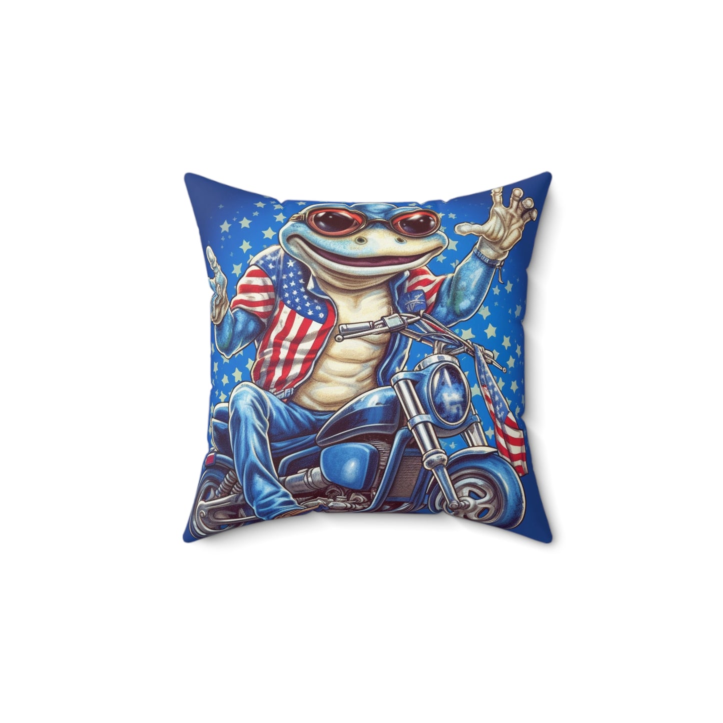 Frog Motorcycle Rider 4th of July USA Patriotic American Graphic Spun Polyester Square Pillow