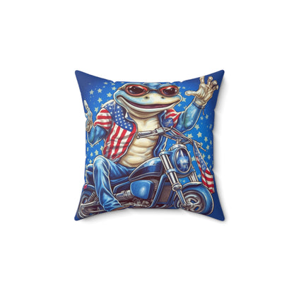 Frog Motorcycle Rider 4th of July USA Patriotic American Graphic Spun Polyester Square Pillow