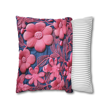 Denim Blue Doll Pink Floral Embroidery Style Fabric Flowers - Spun Polyester Square Pillow Case