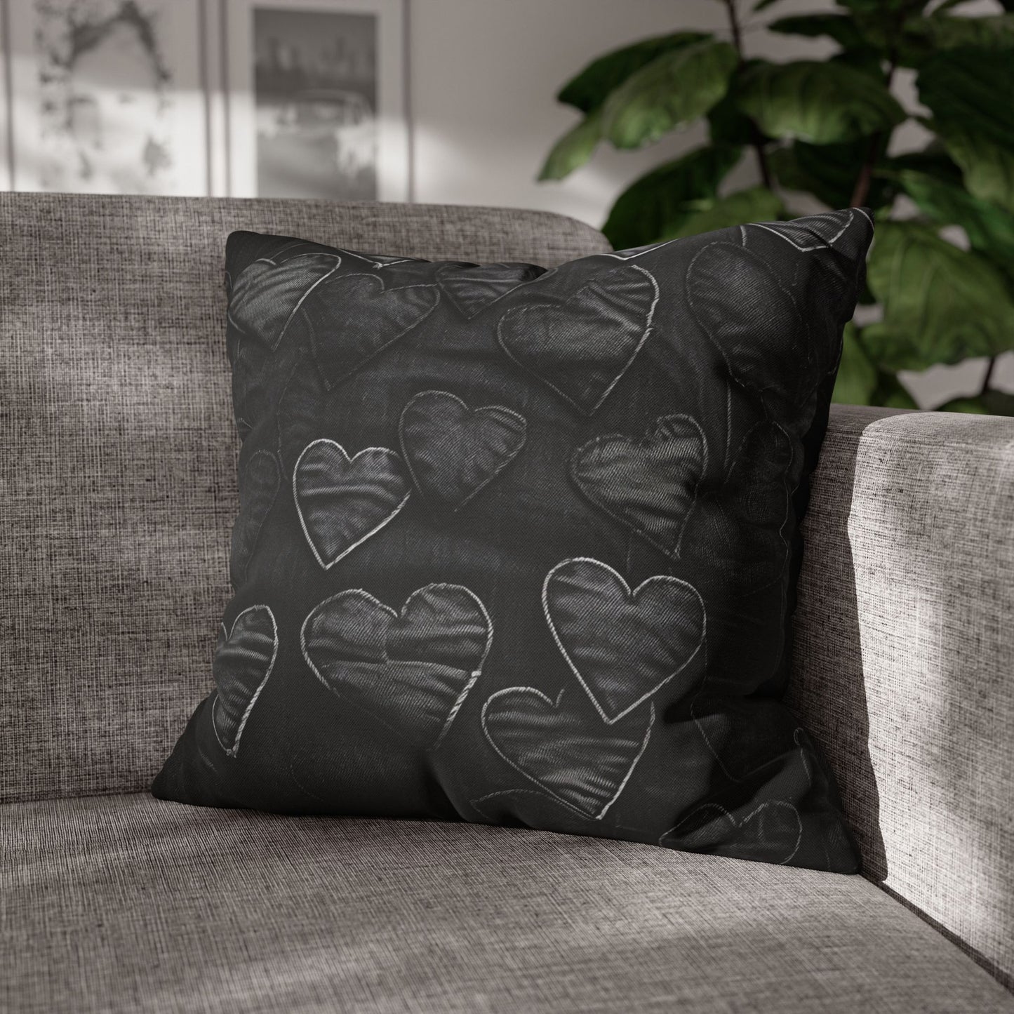 Black: Distressed Denim-Inspired Fabric Heart Embroidery Design - Spun Polyester Square Pillow Case