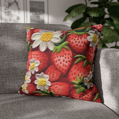 Strawberry Strawberries Embroidery Design - Fresh Pick Red Berry Sweet Fruit - Spun Polyester Square Pillow Case