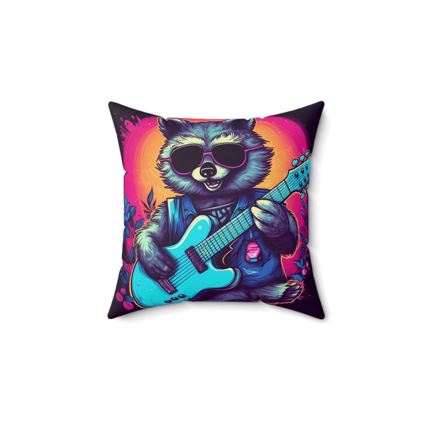 Raccoon Musician Art - Rock Star Guitarist Furry Animal Spun Polyester Square Pillow