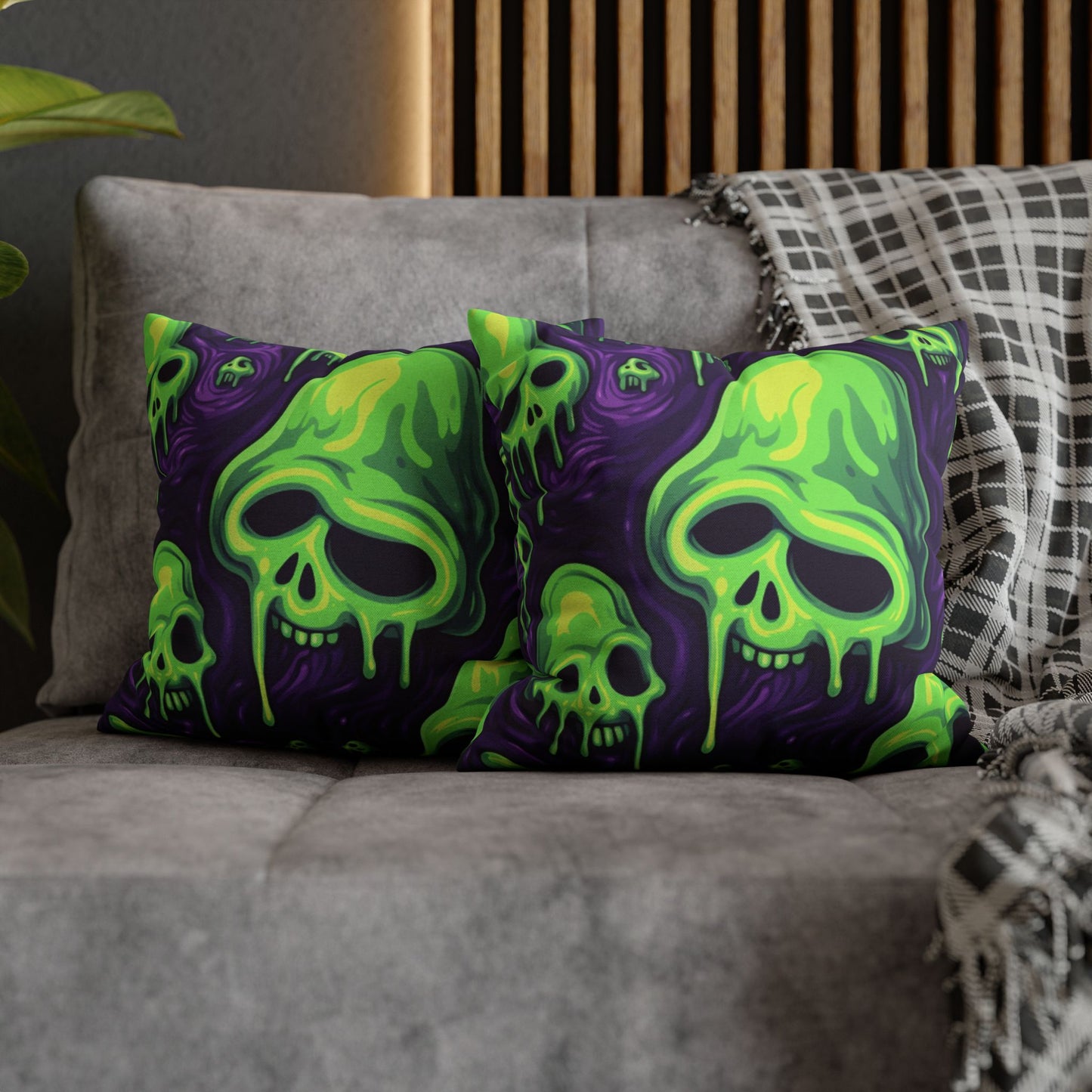 Halloween Slime Skull Green Skeletons Scary Horror Pattern - Spun Polyester Square Pillow Case