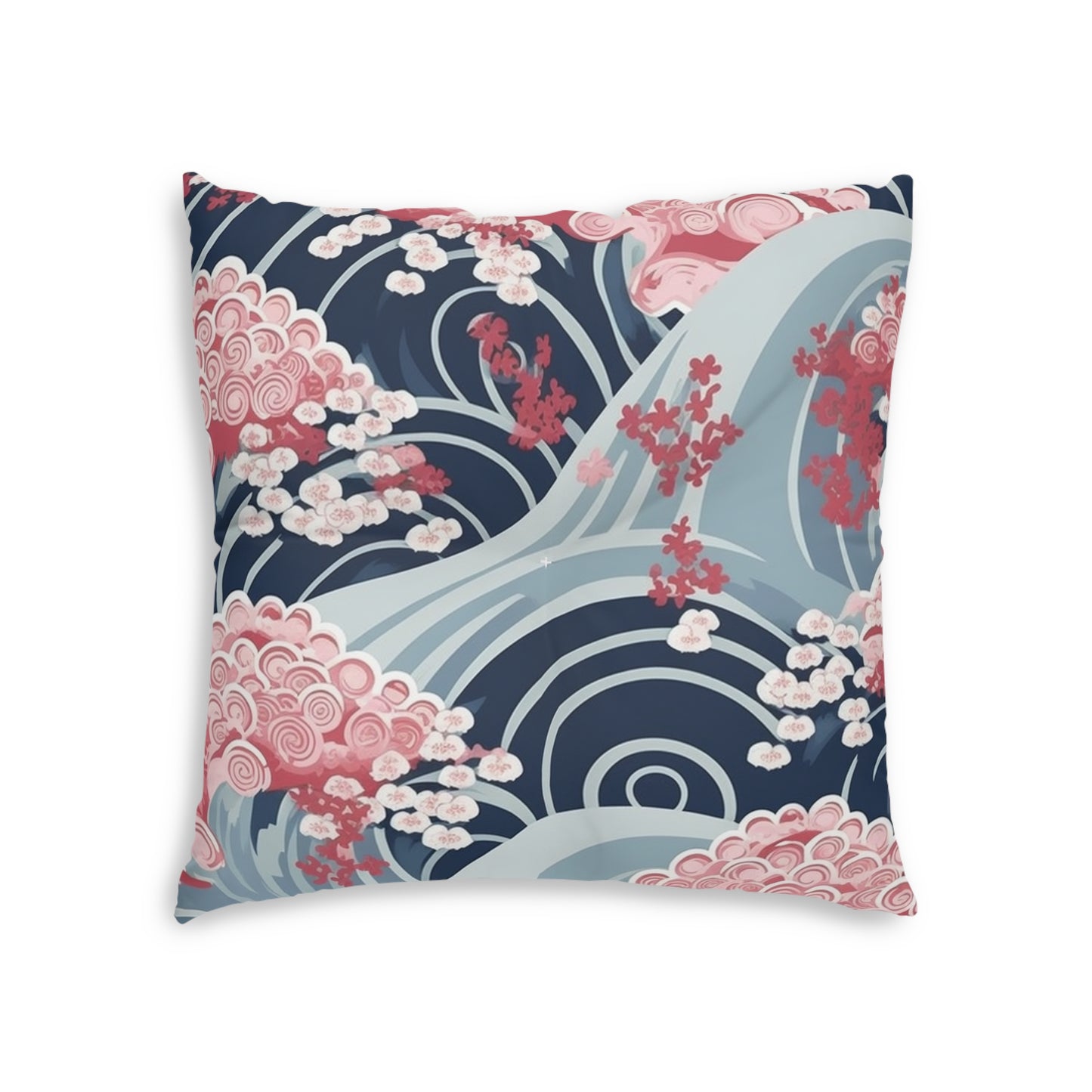 Japanese Minimalist Waves & Cherry Blossoms Pattern Tufted Floor Pillow, Square