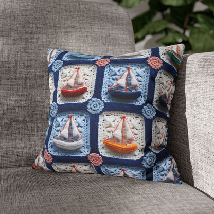 Crochet Boat Ship Sea Vessel Ocean Beach Travel Yacht Design - Spun Polyester Square Pillow Case