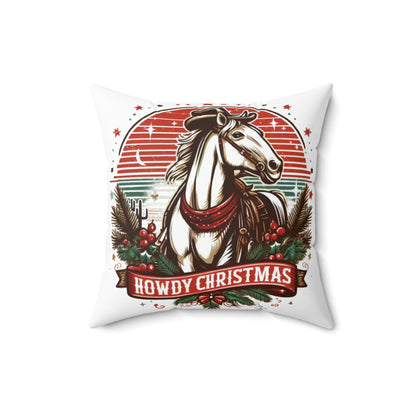 Countryside Christmas Greetings - Rustic Howdy Christmas with Holly-Adorned Horse and Sunset Backdrop - Spun Polyester Square Pillow