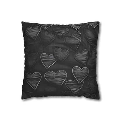 Black: Distressed Denim-Inspired Fabric Heart Embroidery Design - Spun Polyester Square Pillow Case