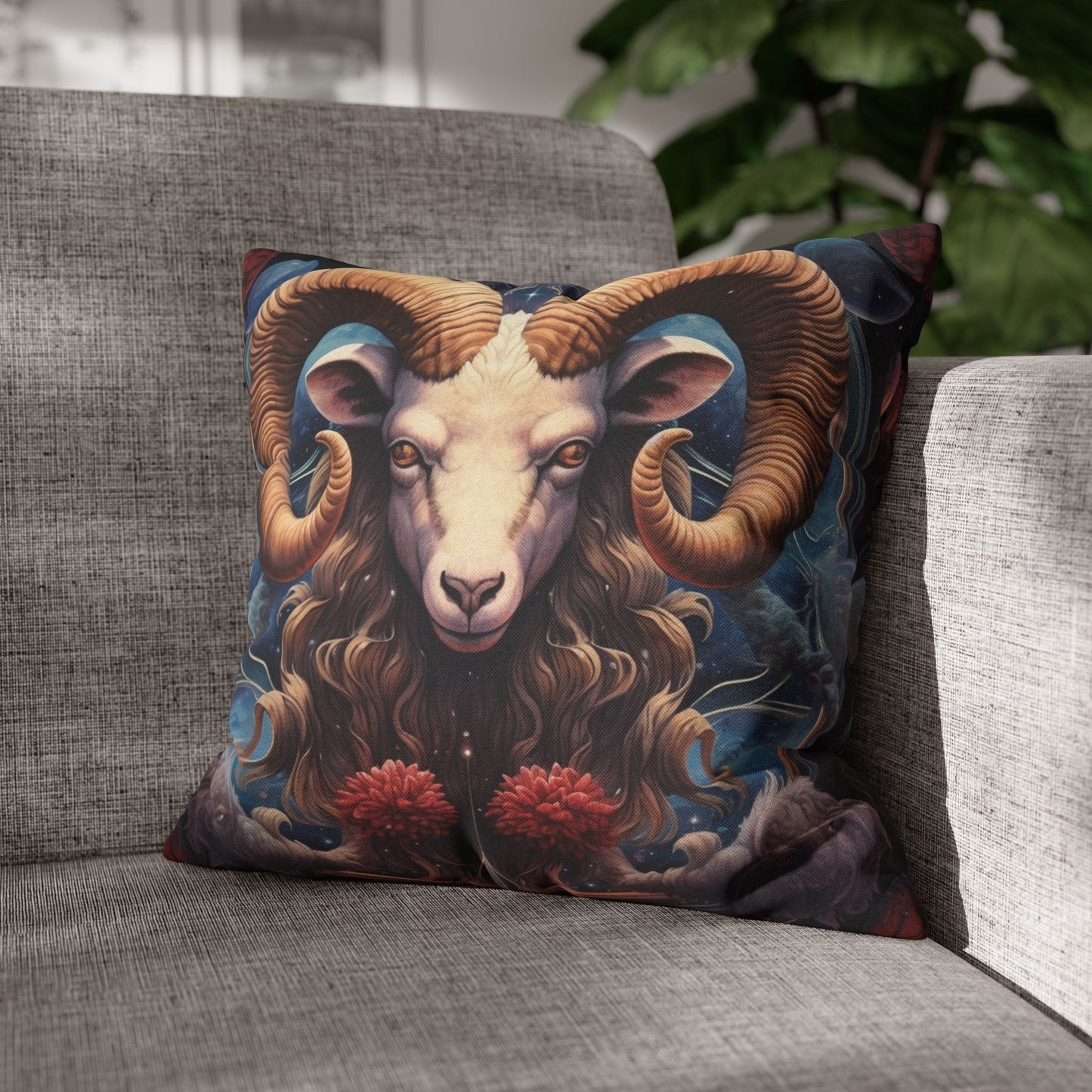 Aries Zodiac Ram - Vibrant Astrological Sign Cosmic Space Symbol - Spun Polyester Square Pillow Case