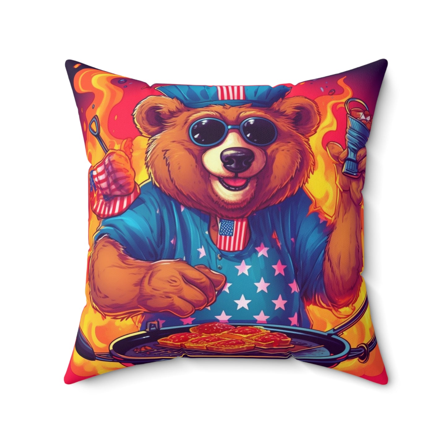 Patriotic Bear's BBQ Bash: Grill and Chill this 4th of July USA Spun Polyester Square Pillow