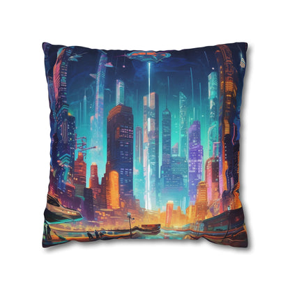 Futuristic Neon Cyberpunk Cityscape Art Design Spun Polyester Square Pillow Case